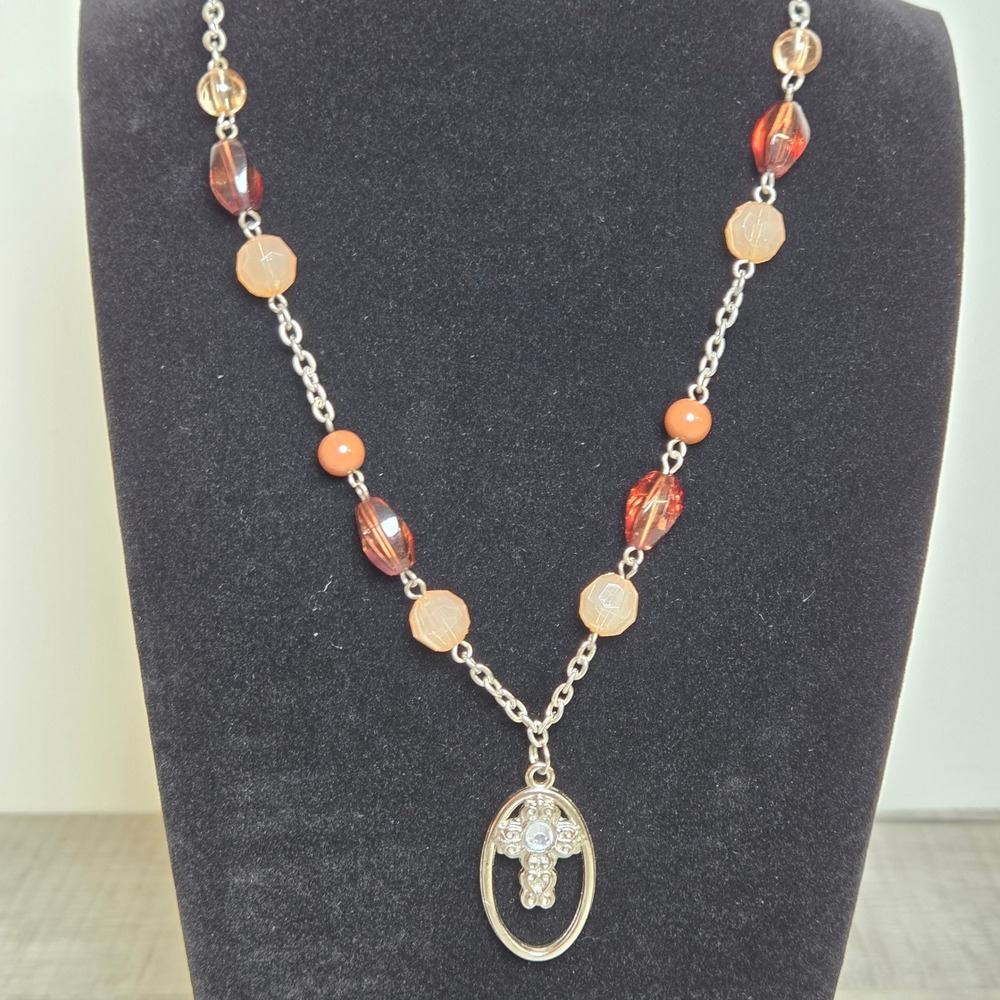 Beaded Cross Pendant Necklace Silver Tone Orange Peach Beads Religious Jewelry